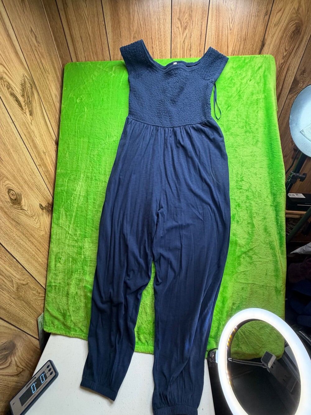 American Eagle Navy Smocked Jumpsuit Off Shoulder Jogger Cuff Sz M